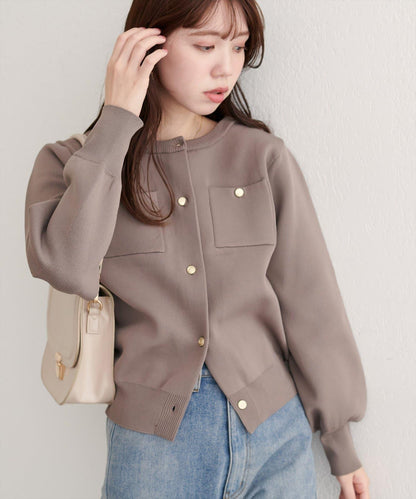 針織金扣帶口袋開衫