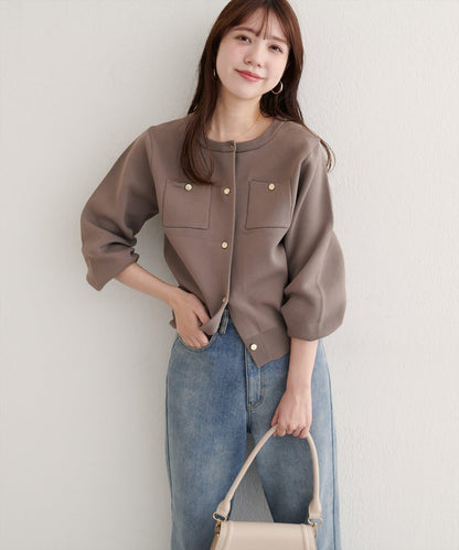 針織金扣帶口袋開衫