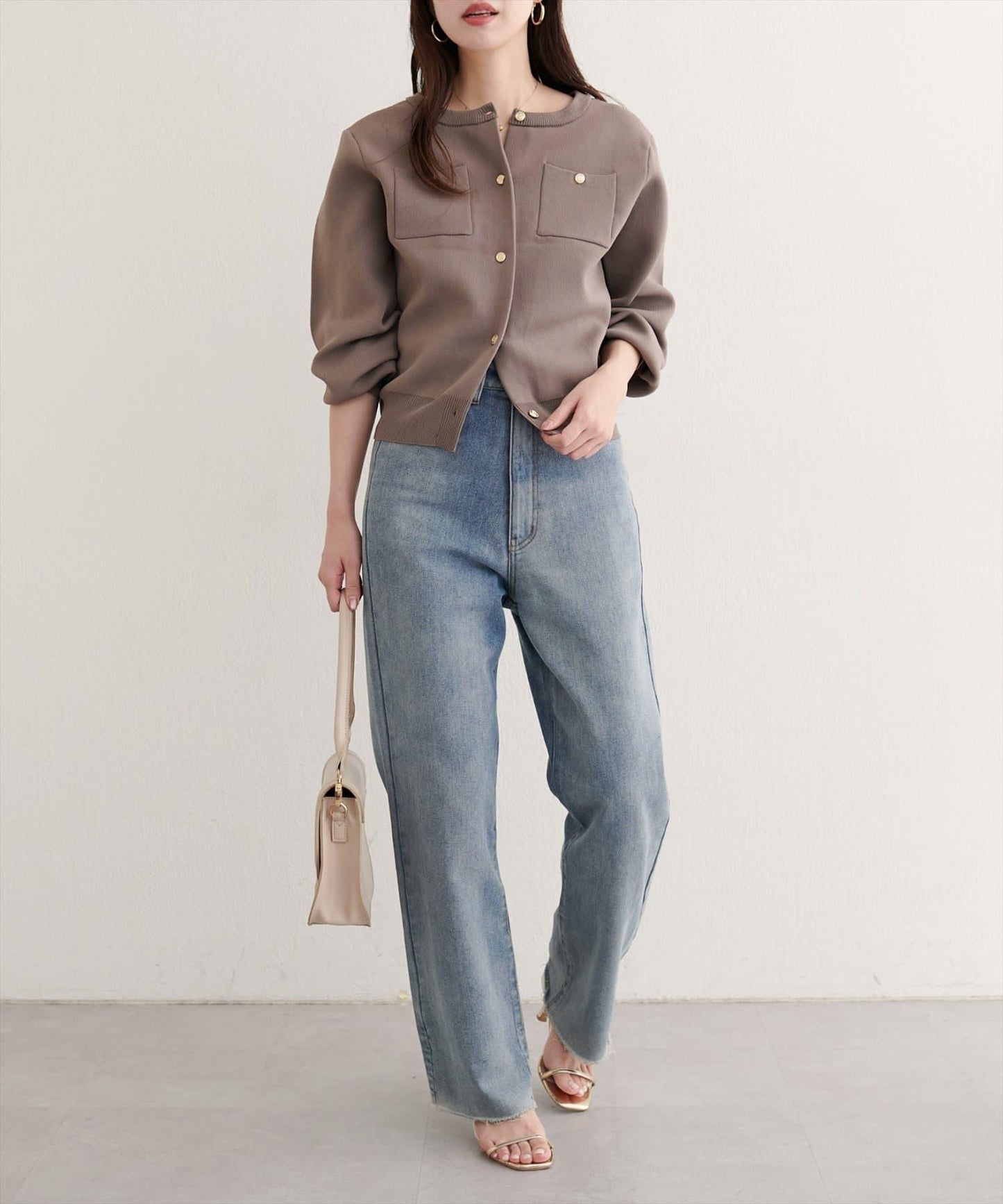 針織金扣帶口袋開衫