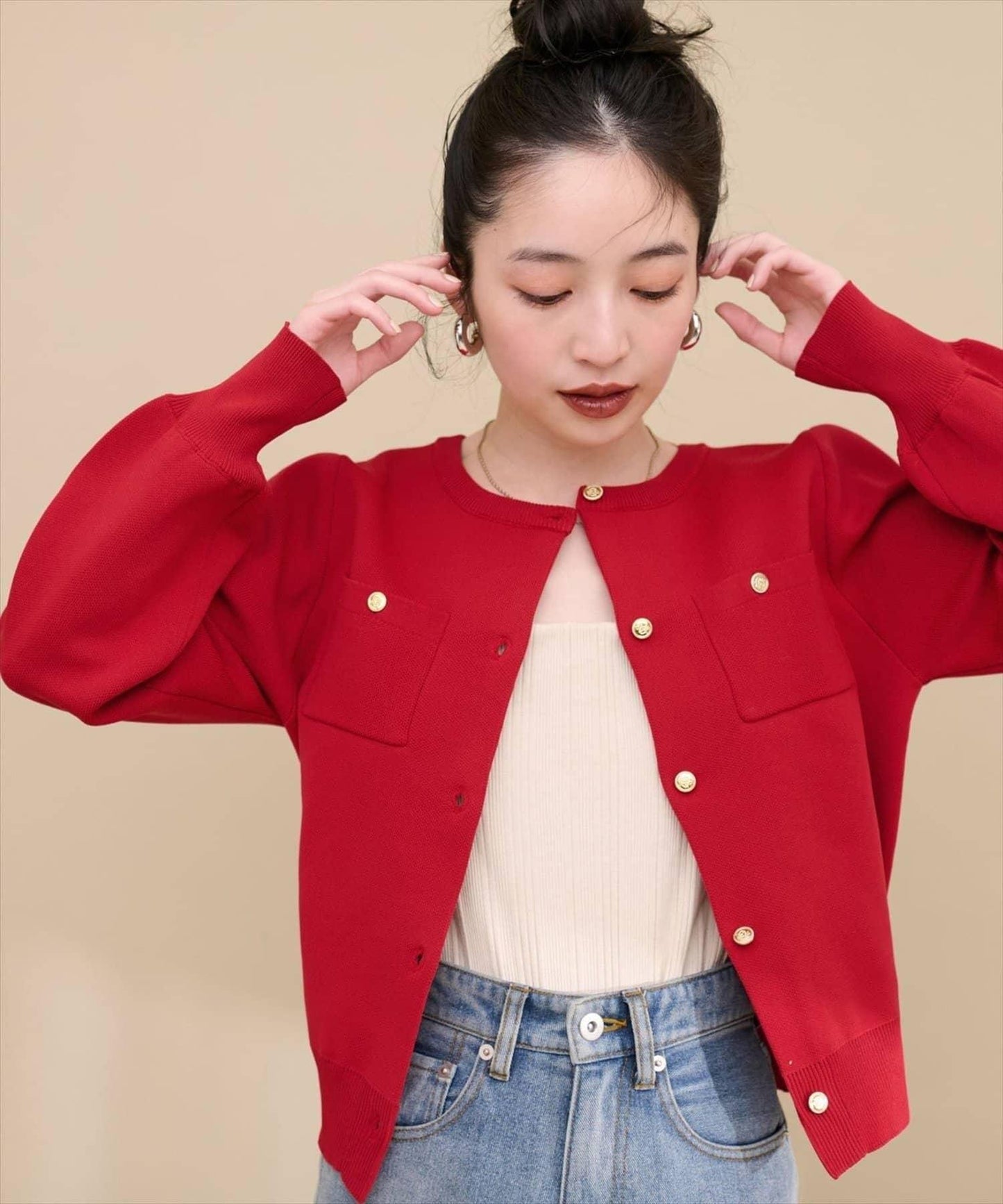 針織金扣帶口袋開衫