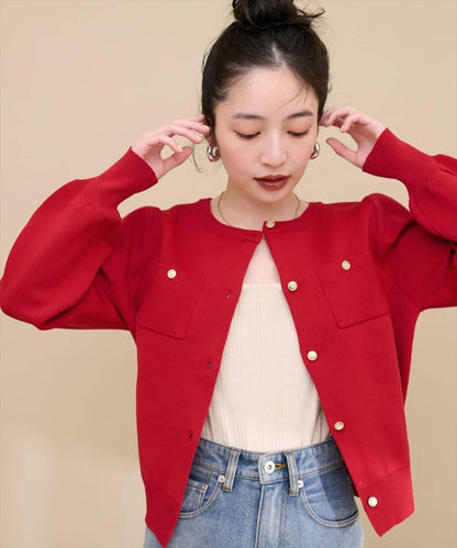 針織金扣帶口袋開衫