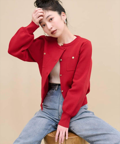 針織金扣帶口袋開衫