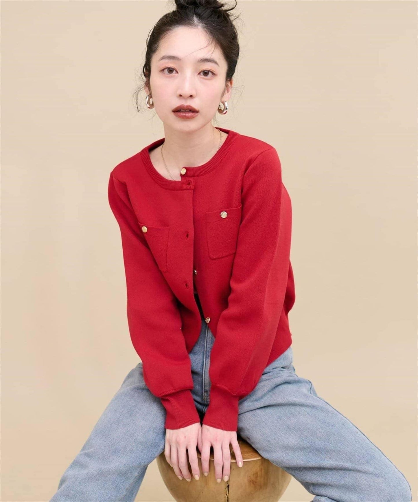 針織金扣帶口袋開衫