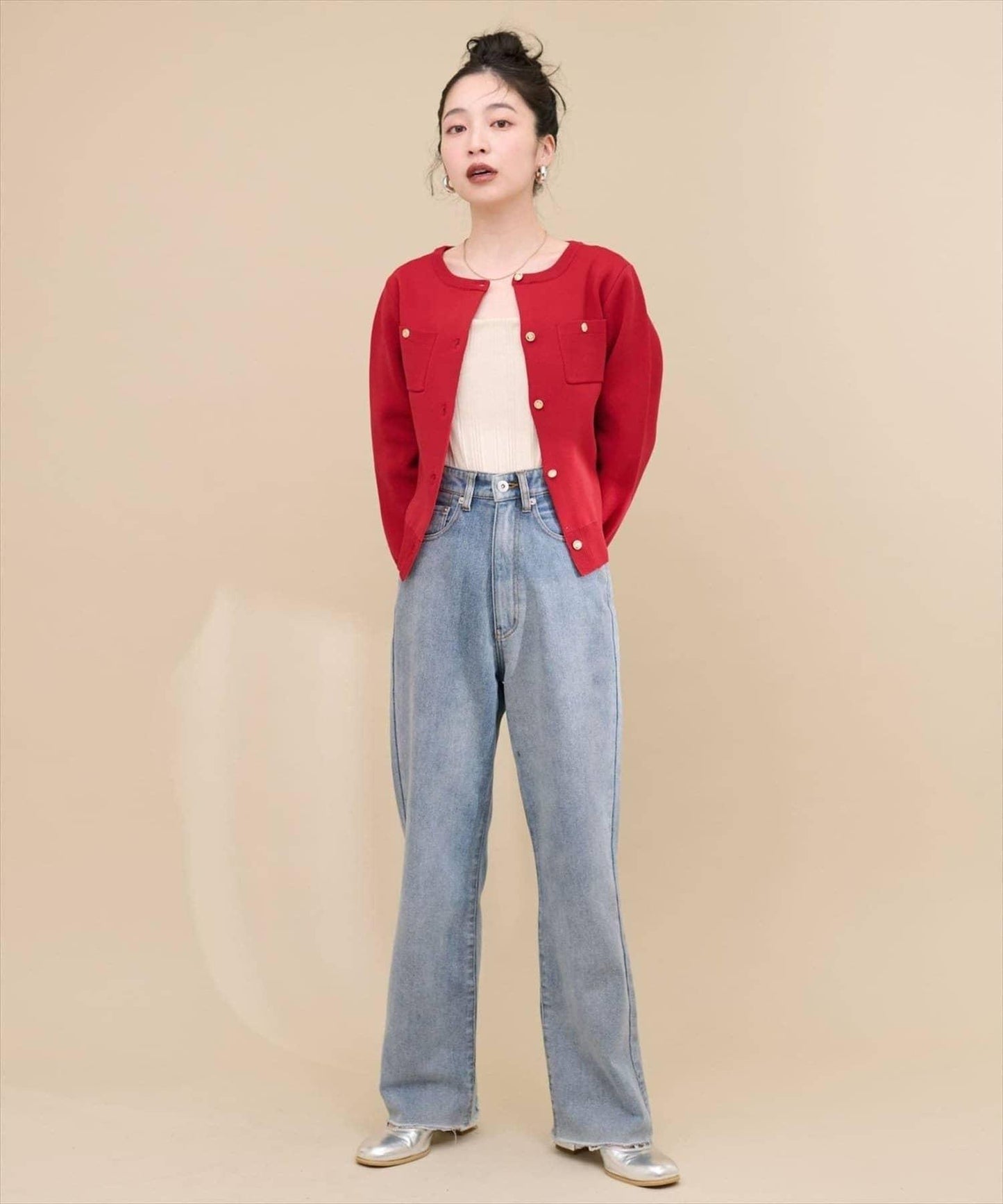 針織金扣帶口袋開衫