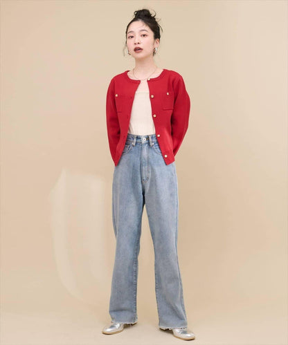 針織金扣帶口袋開衫