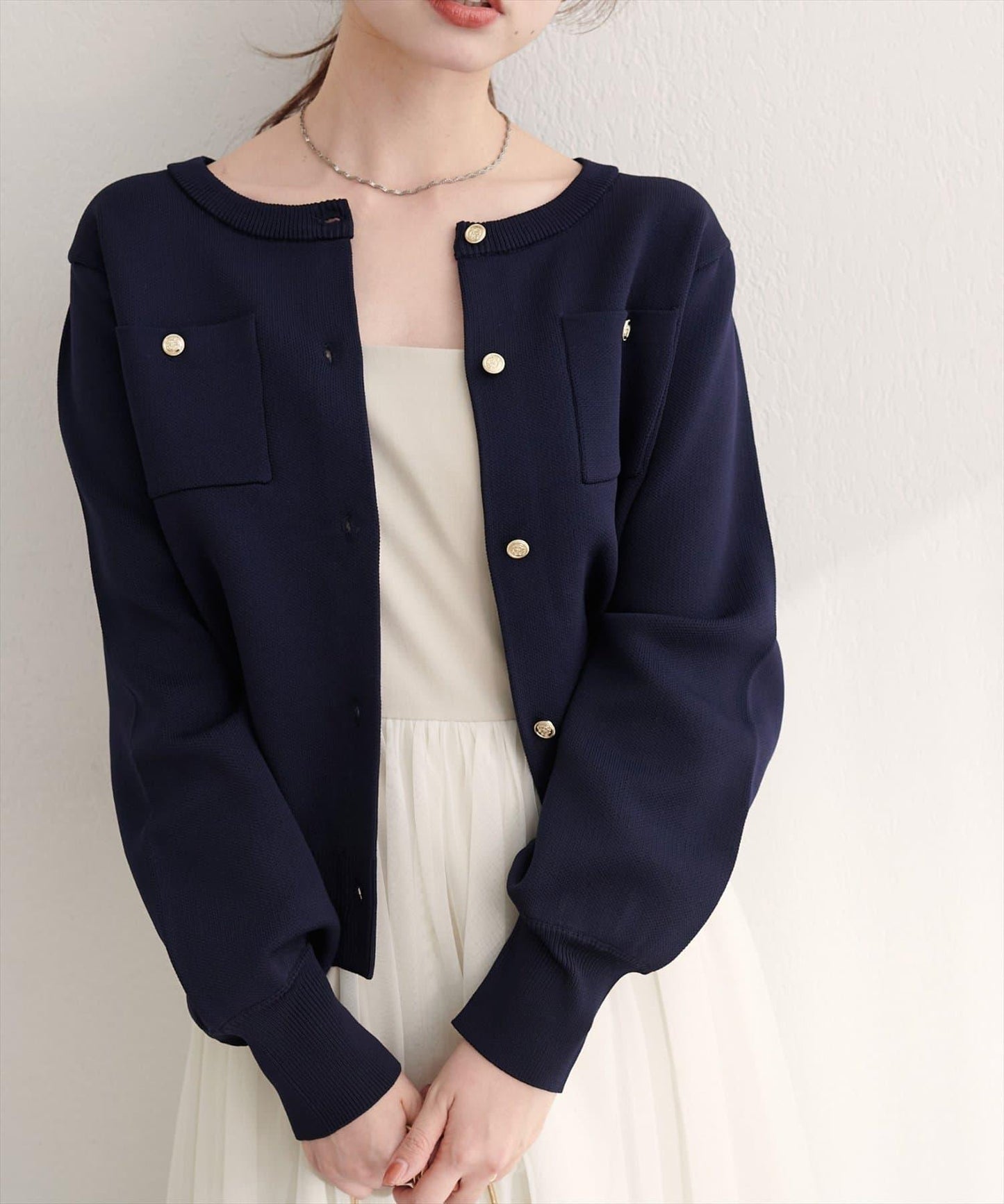 針織金扣帶口袋開衫