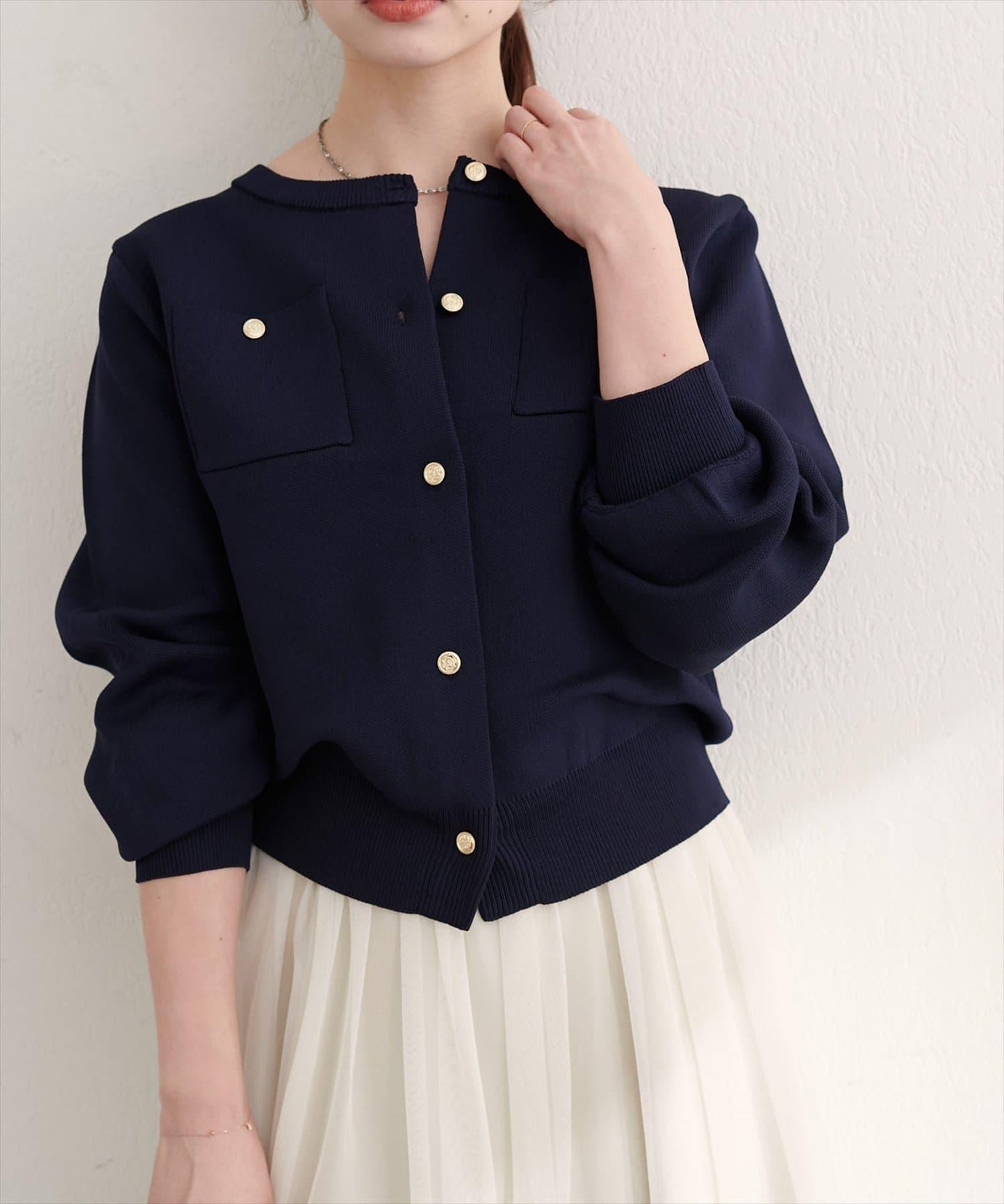 針織金扣帶口袋開衫