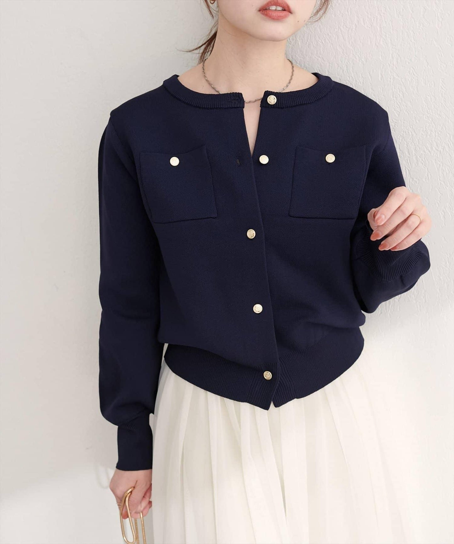 針織金扣帶口袋開衫