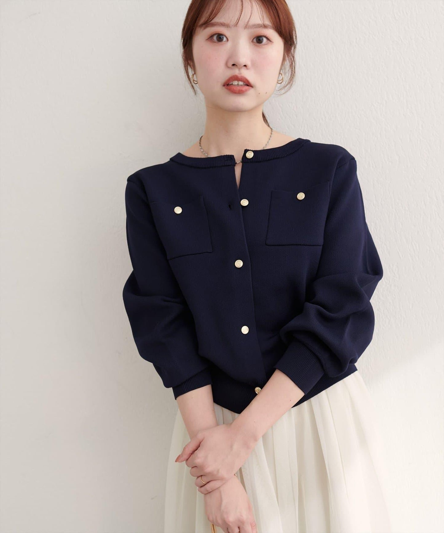 針織金扣帶口袋開衫