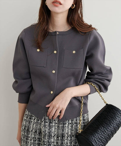 針織金扣帶口袋開衫