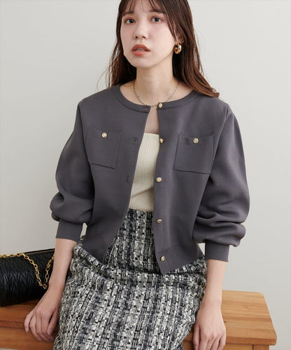 針織金扣帶口袋開衫