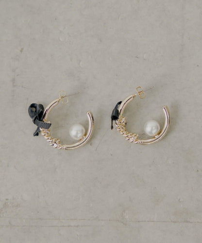 【Chico】帶蝴蝶結圈形珍珠耳環