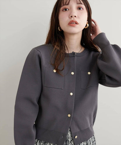 針織金扣帶口袋開衫