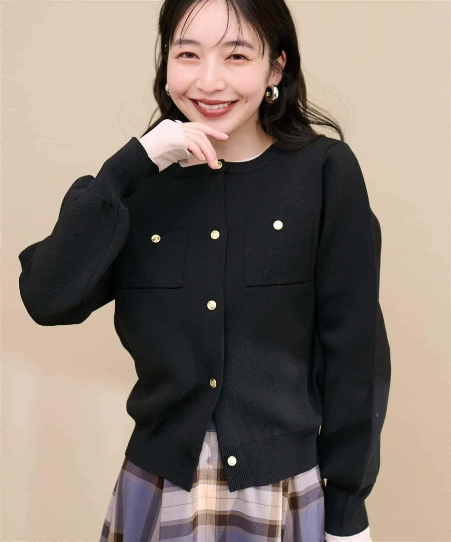 針織金扣帶口袋開衫