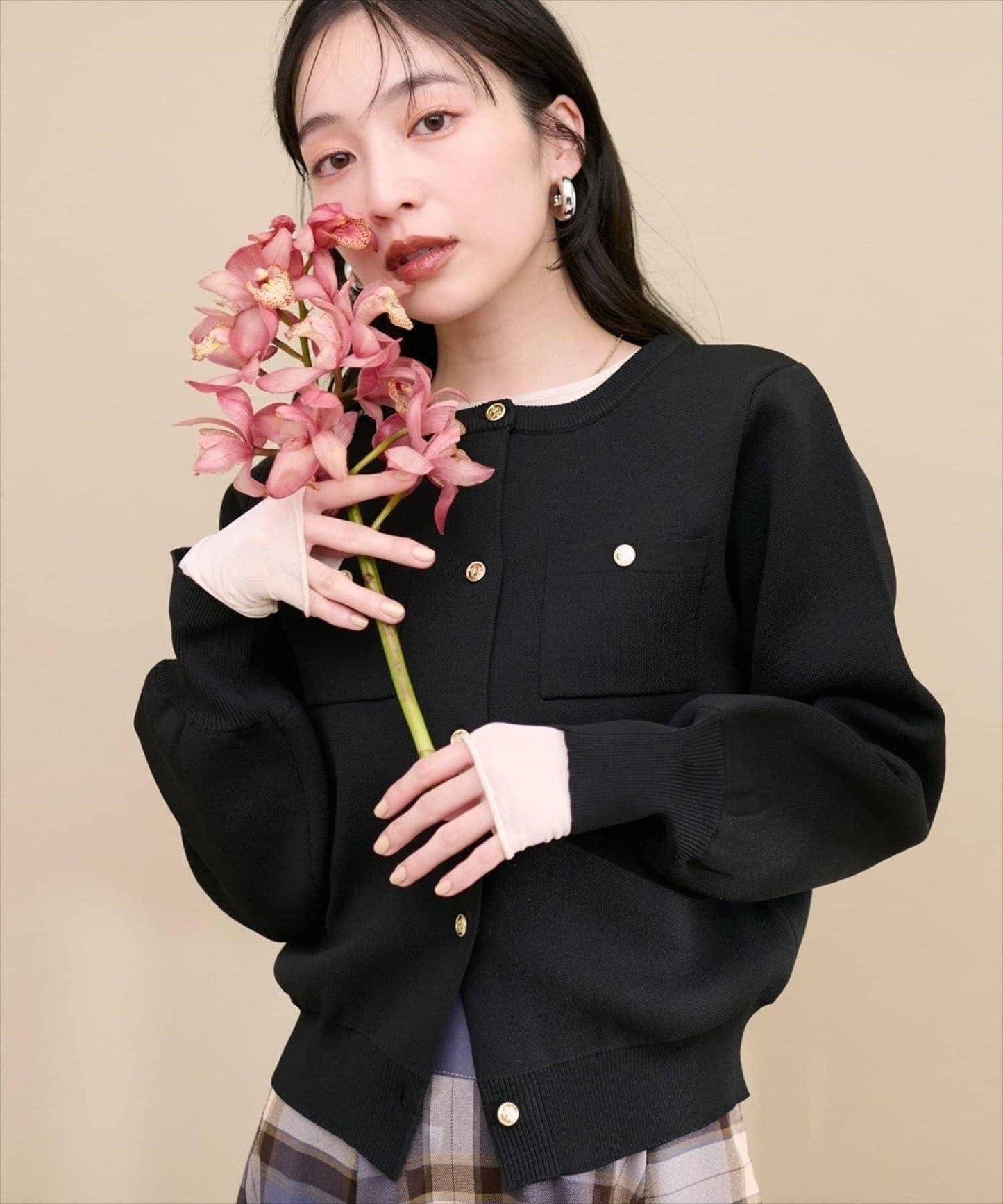 針織金扣帶口袋開衫