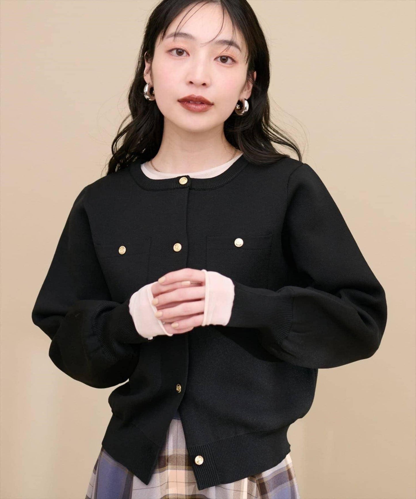 針織金扣帶口袋開衫