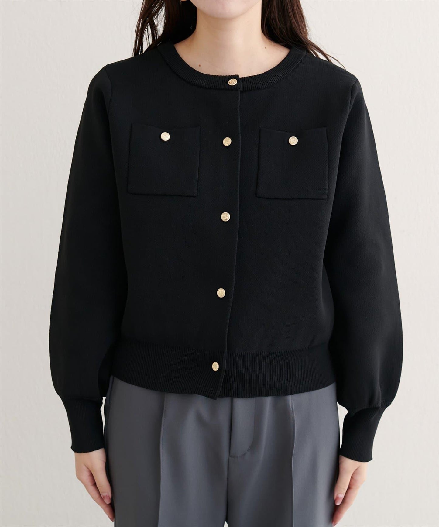 針織金扣帶口袋開衫