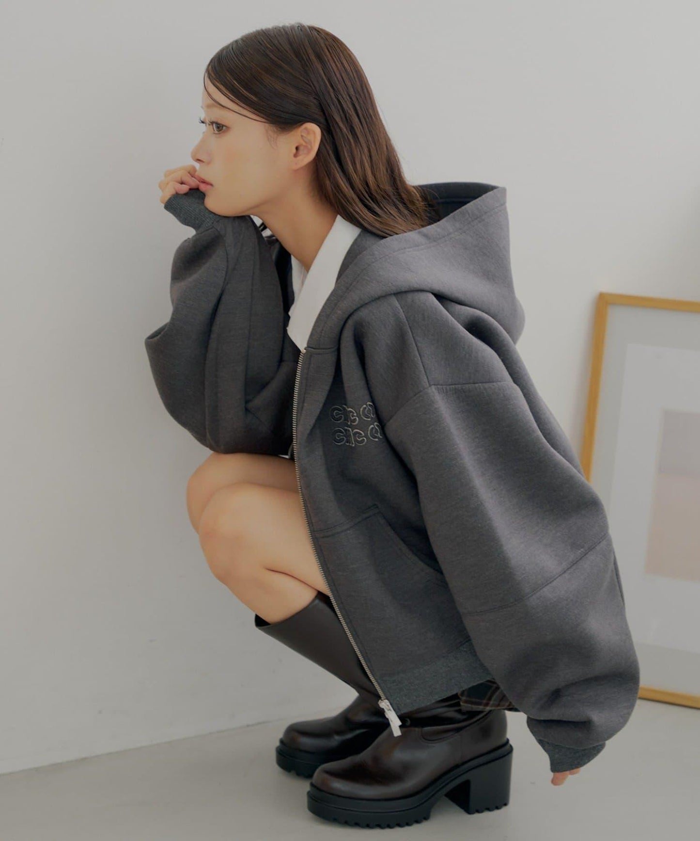 雙拉鍊寬鬆袖連帽衛衣