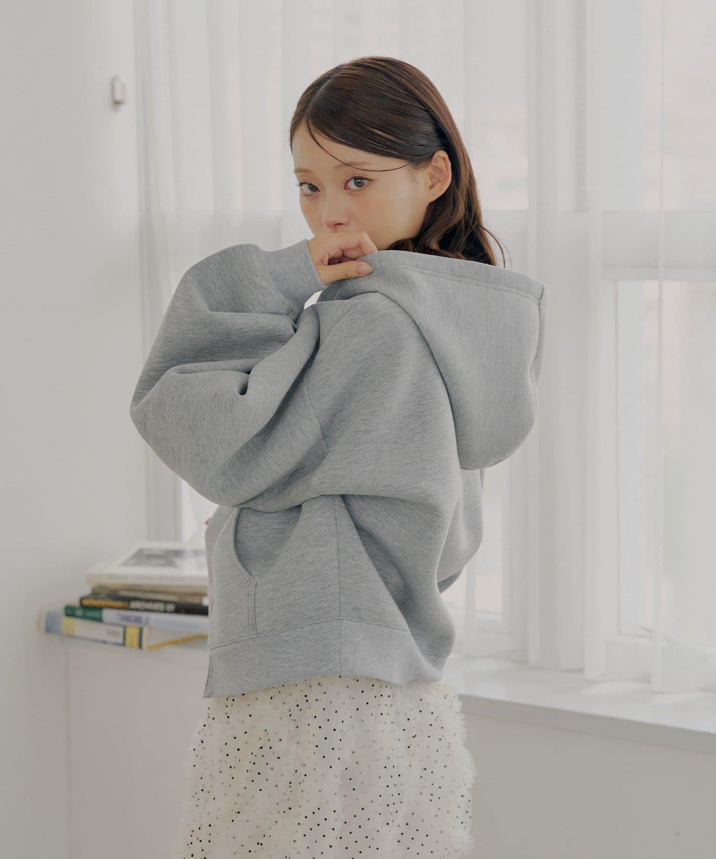 雙拉鍊寬鬆袖連帽衛衣