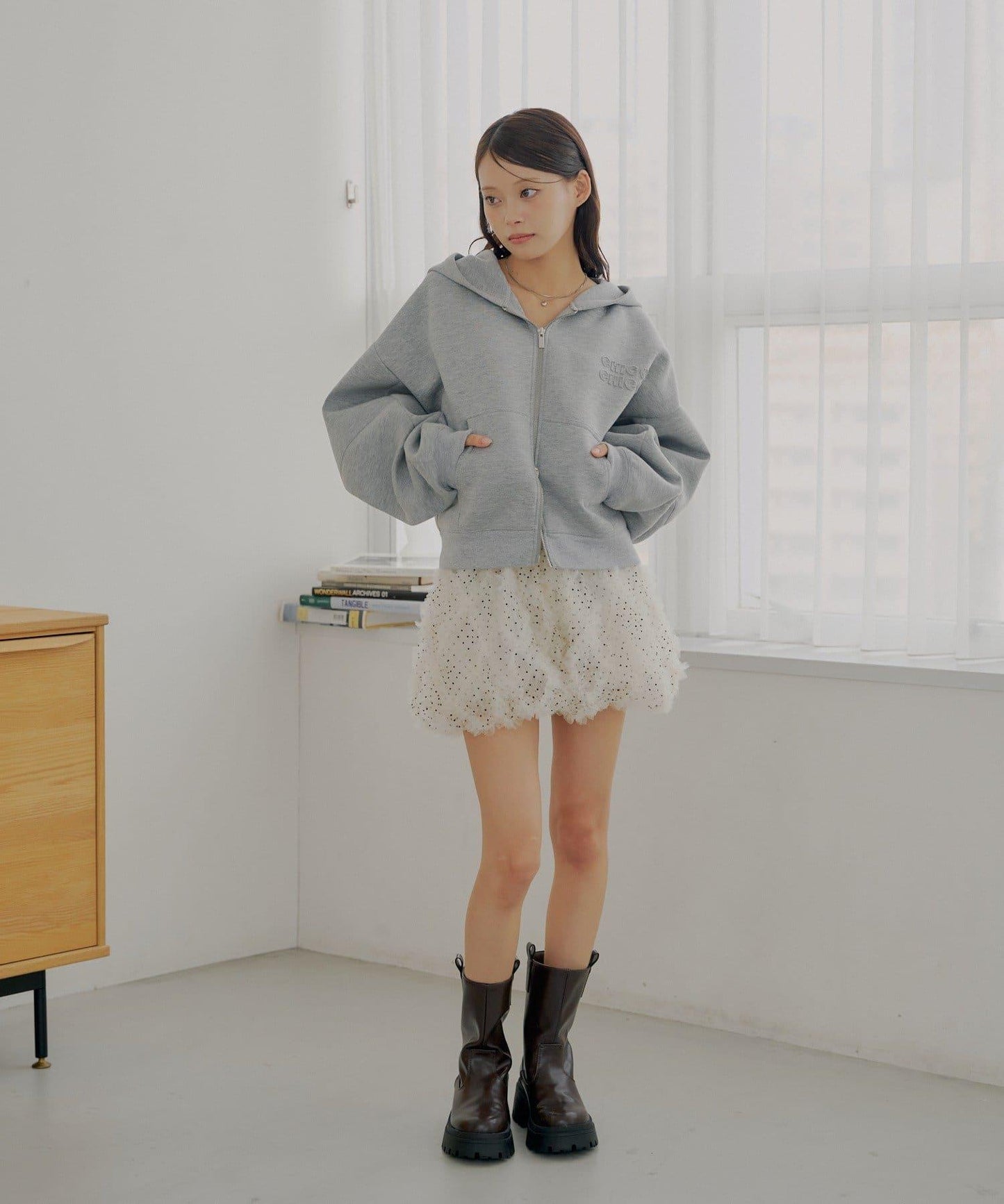 雙拉鍊寬鬆袖連帽衛衣