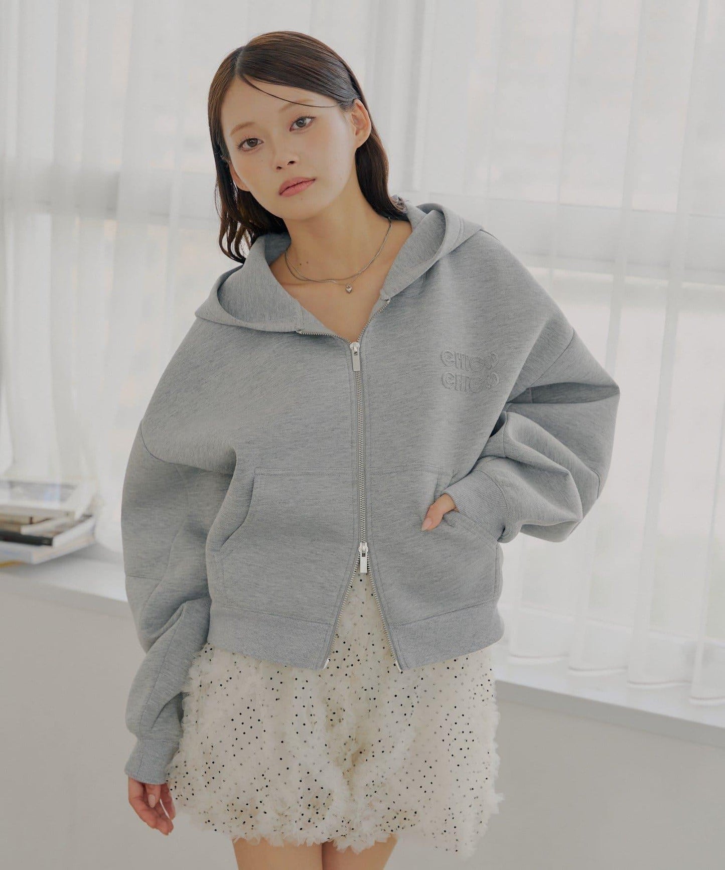 雙拉鍊寬鬆袖連帽衛衣