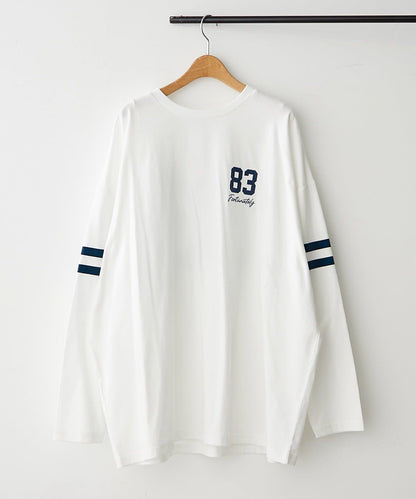 【NUNIFE】袖部條紋數字印花寬鬆T恤