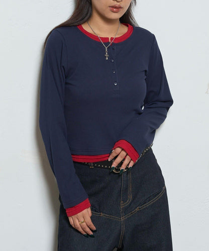 拼接亨利領上衣