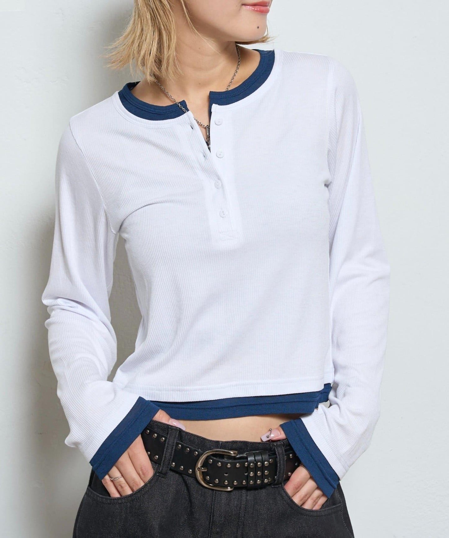 拼接亨利領上衣