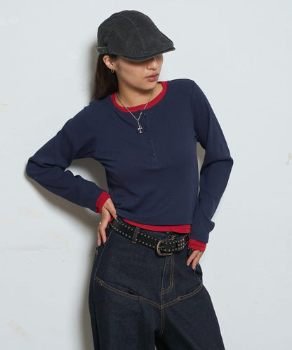 拼接亨利領上衣