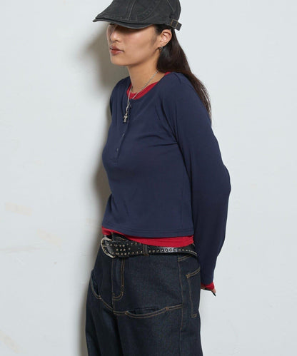 拼接亨利領上衣