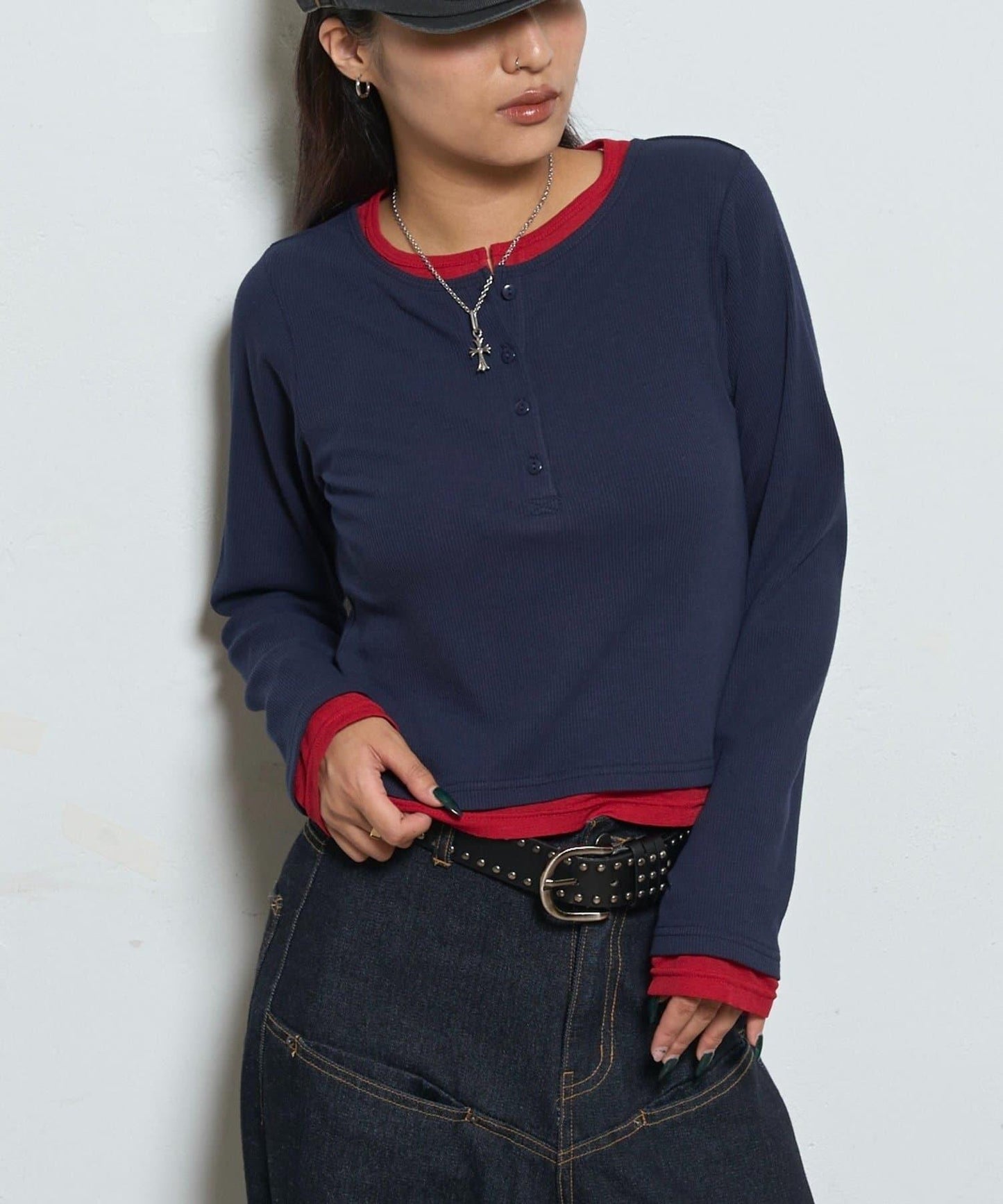 拼接亨利領上衣