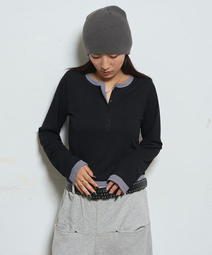 拼接亨利領上衣