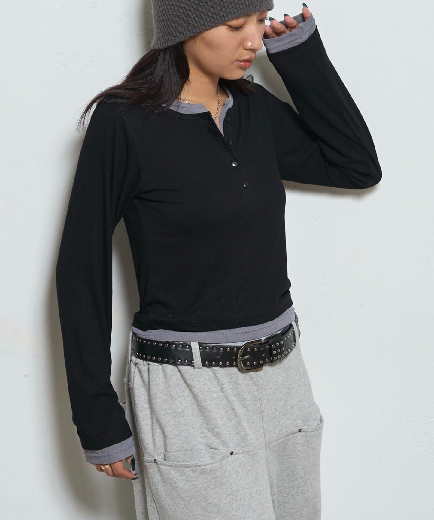 拼接亨利領上衣