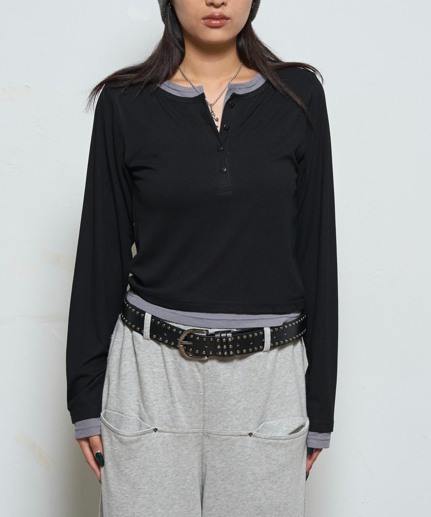 拼接亨利領上衣