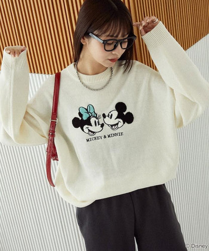 Mickey Mouse＆Minnie Mouse/米老鼠＆米妮/相良刺繡寬鬆針織衫