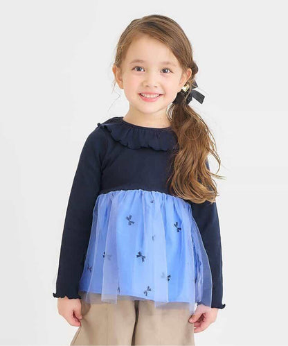 官網限定 領口荷葉邊網紗拼接上衣