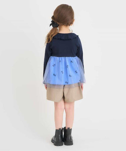 官網限定 領口荷葉邊網紗拼接上衣