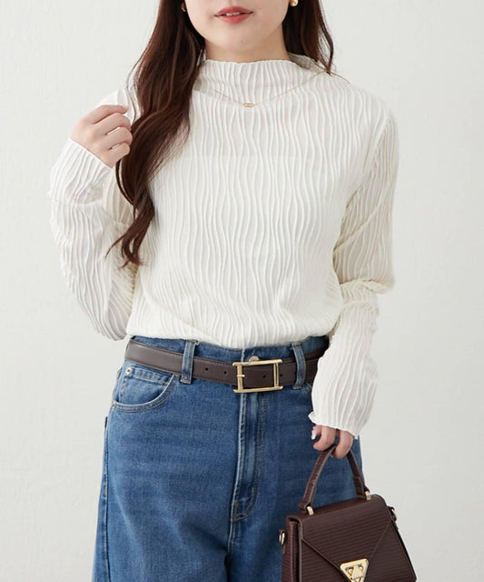 波浪提花高領長袖T恤