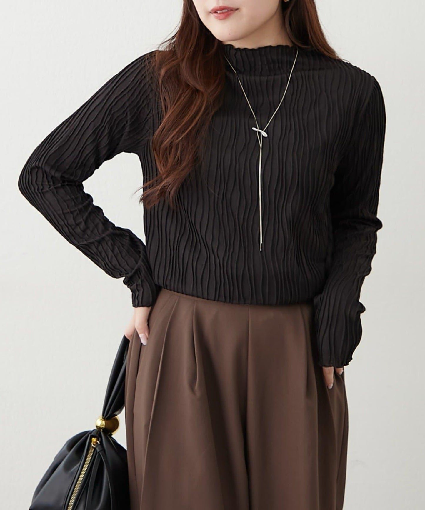 波浪提花高領長袖T恤