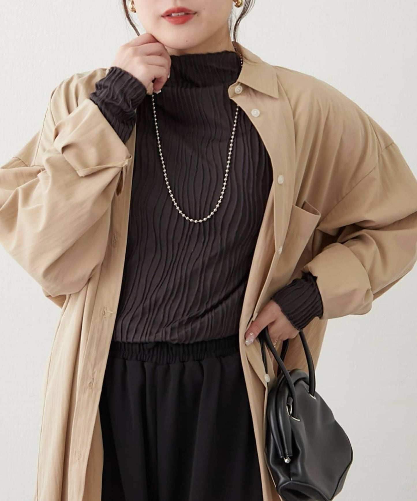 波浪提花高領長袖T恤