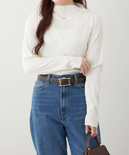 波浪提花高領長袖T恤