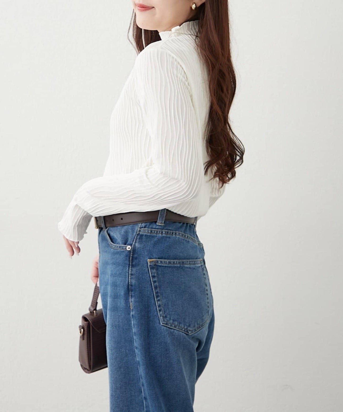 波浪提花高領長袖T恤