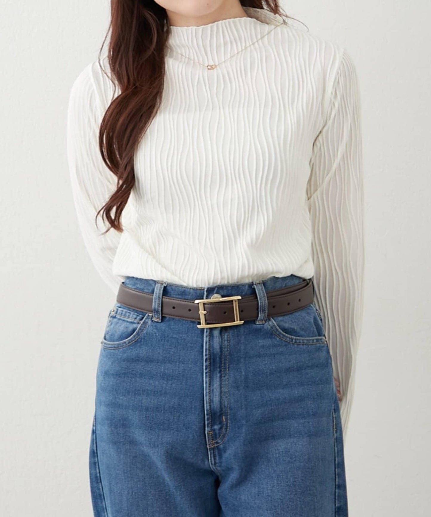 波浪提花高領長袖T恤