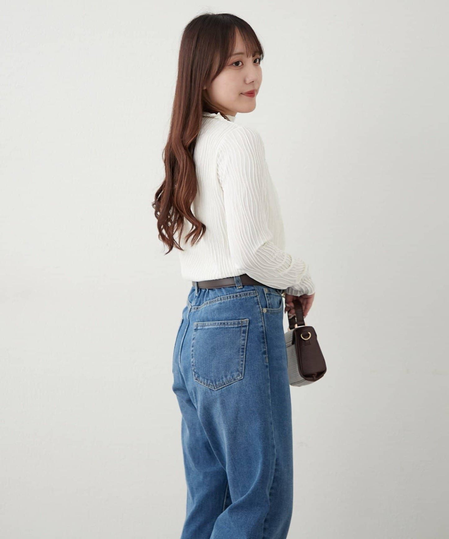 波浪提花高領長袖T恤