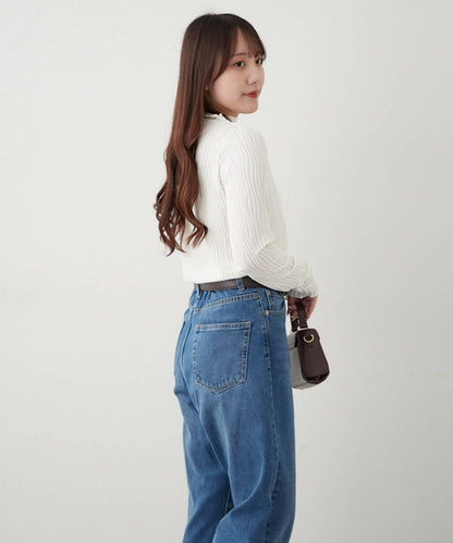 波浪提花高領長袖T恤