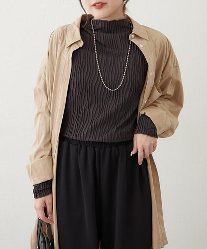 波浪提花高領長袖T恤