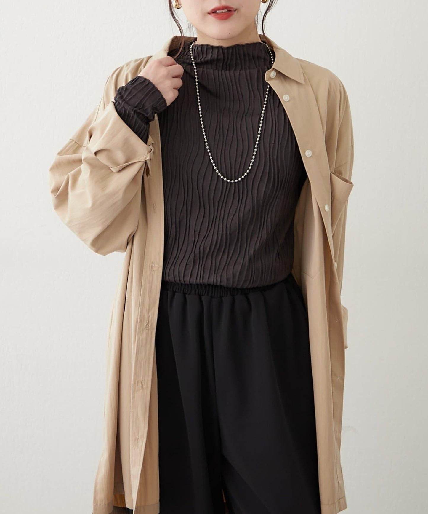 波浪提花高領長袖T恤