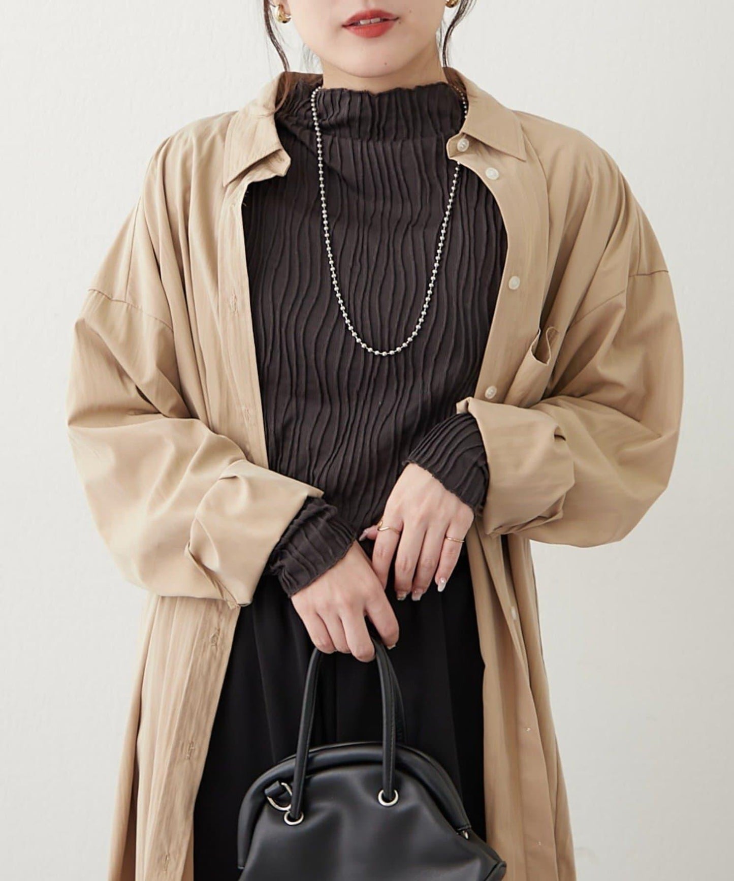 波浪提花高領長袖T恤