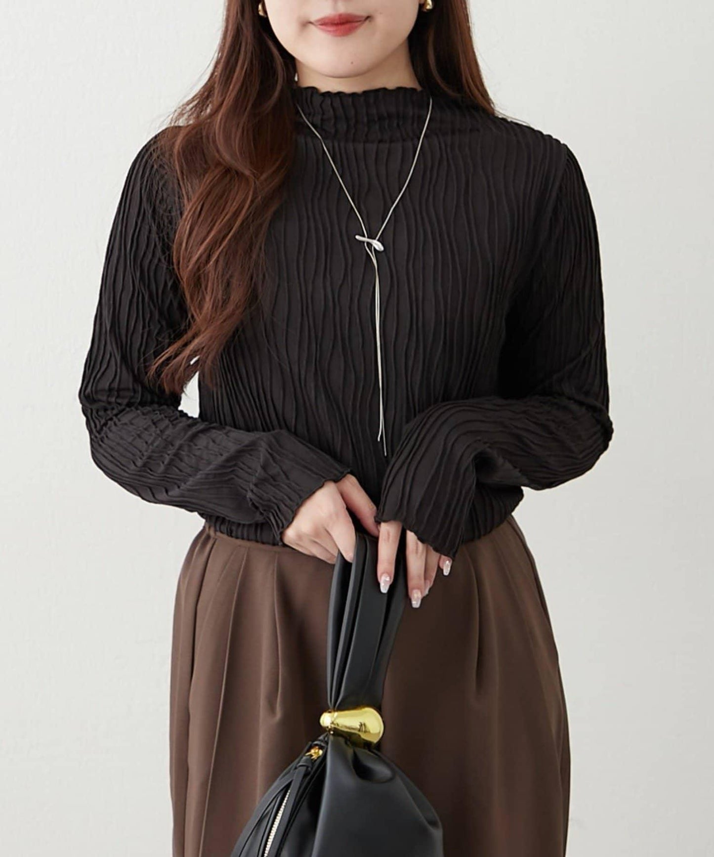 波浪提花高領長袖T恤