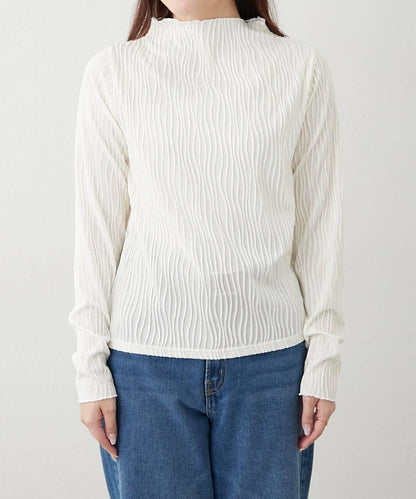 波浪提花高領長袖T恤